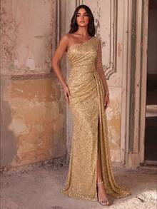 Elegant Gold Sequin Asymmetric Neckline Long Sleeve Backless Slit Maxi Dress, Charming Party Gown - Champagne - View 1