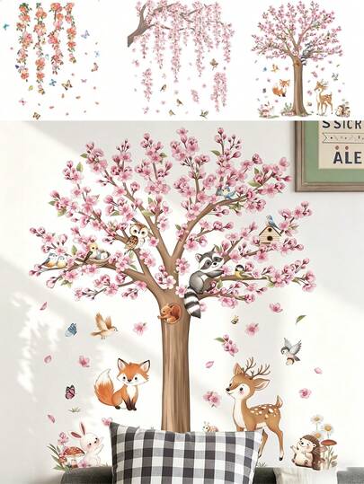 Hình dán tường động vật rừng và cây hoa anh đào, giấy dán tường bóc dán, decal dán tường cho phòng trẻ sơ sinh, trang trí tiệc mừng em bé chào đời, đồ dùng cho tiệc tiết lộ giới tính, lễ rửa tội, trang trí phòng bé gái, trang trí phòng bé trai, trang trí phòng dễ thương, trang trí phòng trẻ mới biết đi, phòng ngủ trẻ em, đồ dùng phòng ngủ bé gái, đồ dùng phòng ngủ bé trai