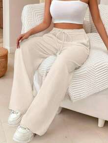Women's Linen Palazzo Pants, Adjustable Waist With Drawstring, Side Pockets, Casual And Breathable For Vacations - 杏色 - 查看 2