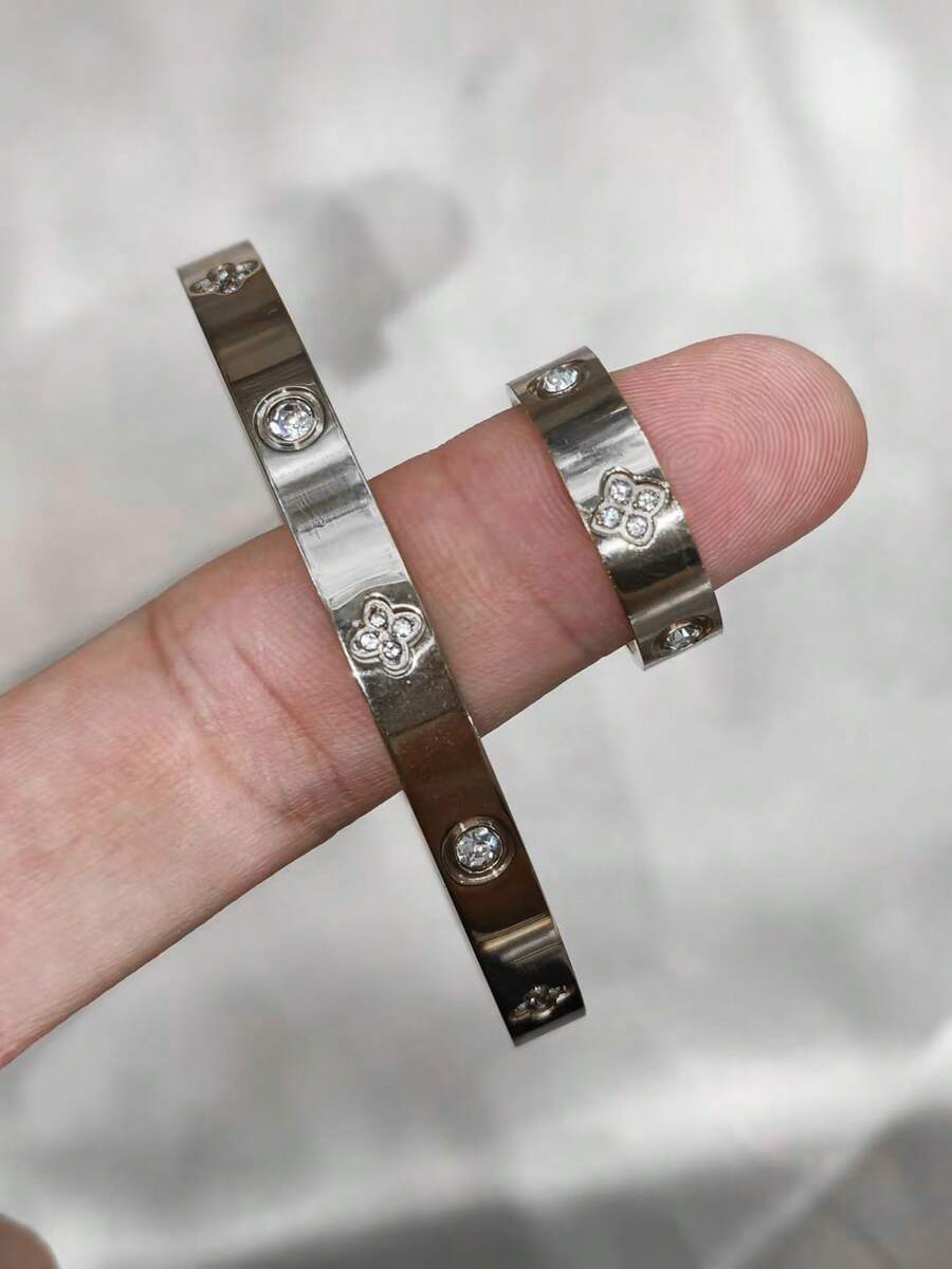 1/2件套不锈钢镀18K金四叶草手链戒指套装，镶嵌水钻，奢华珠宝婚礼配饰