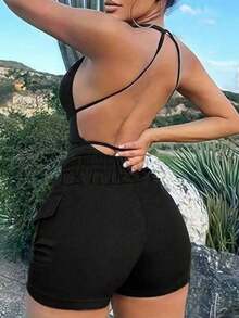 Womens High Waist Cargo Shorts Slim Fit Casual Summer Shorts With Multiple Pockets For Streetwear, Daily Wear - 黑色 - 查看 2