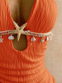 Vestido mini ajustado con cuello halter y detalle de retorcido en blanco, con accesorios metálicos, decoración de conchas, para playa y resort de vacaciones, atuendo de verano - Naranja - Ver 5