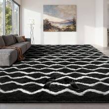 Sour Lemon Fluffy Area Rug Thick & Shaggy Carpet For Living Room & Bedroom Floor, Home Decor Anti-Slip Soft Carpet Floor Mat - Black & White Waves - View 19