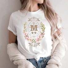 1 Catholic Marian T-Shirt, Catholic Gift, Catholic Marian Religious T-Shirt, Christian Faith Clothing, Floral Religious T-Shirts For Women, T-Shirt With Cross, Cute Summer T-Shirts For Women, Printed Round Neck T-Shirt, Graphic T-Shirts For Women, 180g 100% Cotton, All Designs Are Printed. Unisex. - white002 - 查看 2