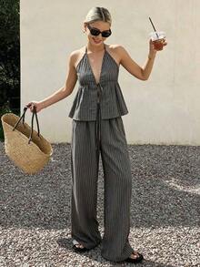 EHYF  2 piezas Conjunto informal de mujer con top sin mangas con cuello en V y lazo enfrente, y chaleco largo de corte holgado, conjunto de prendas de estar en casa para primavera/verano - Marrón - Ver 3