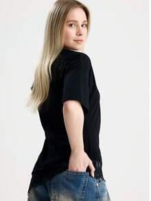 RoseArya 100% Cotton Asymmetric Cut Lace Hem T-Shirt - Black - View 4
