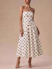 Elegante vestido midi de lunares retro sin tirantes con bajo abullonado - Adecuado para invitados de boda, fiestas, playa, vacaciones de verano, salidas y ceremonias de graduación Blanco - Blanco - Ver 3