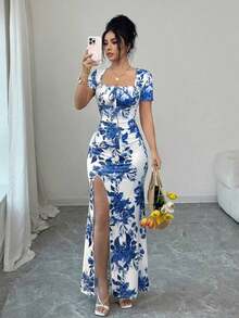 Vestido de verano de manga corta para mujer, vestido de vacaciones con estampado digital, vestido de playa y vacaciones con bajo con abertura, vestido largo con fruncido en la cintura - Azul - Ver 7