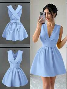 Vestido mini elegante y sexy para invitada de boda con cuello en V cruzado, sin mangas y corte evasé, diseño versátil para conciertos, playa, fiestas, primavera/verano, con bolsillos, vestido de noche con espalda descubierta de color amarillo mantequilla - Azul - Ver 5