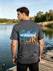 Men's 100% Cotton HUK FISHING T-Shirt Double Sided Print Gradient Trout Mountain Graphic Casual Outdoor Fishing Tee, 100% Heavyweight Cotton T-Shirts. - Grey - View 3
