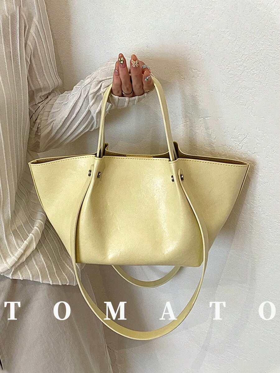 1个时尚百搭女士单肩包，PU材质纯色复古手提包，带内袋，大容量休闲梯形包，适合年轻女性——外出、购物、上课、约会、女士礼物、办公、工作、旅行