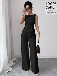 Conjunto de 2 piezas elegante con camiseta de tirantes con detalle retorcido en la espalda y pantalones de pierna ancha de unicolor para mujer - Negro - Ver 5