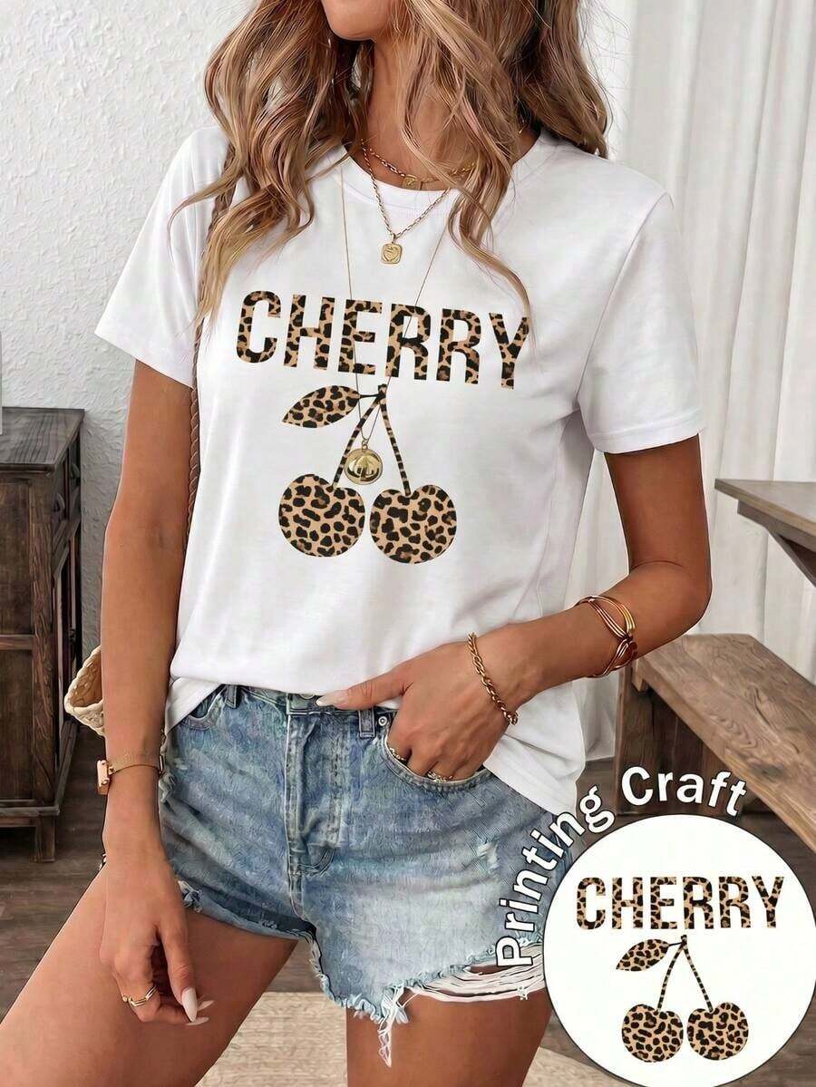 New Women's Short-Sleeved Crew Neck T-Shirt, Summer Season, Cherry Blossom Leopard Print Design, Limited Seasonal Women's T-Shirt, Breathable And Sweat-Wicking. Pure-Cotton - 白色1 - 查看 1