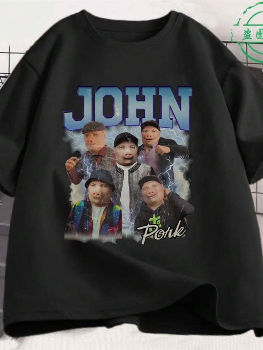 playeras de mujerFunny John Pork T-Shirt Humor Pig Meme Graphic T Shirt Men's Women Clothing Fashion Hip Hop Short Sleeve T-shirts Harajuku Streetwear - Negro - Ver 1