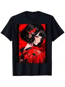 Camiseta con diseño de flor de lirio rojo inspirada en anime y manga, reflejando la cultura japonesa - Negro - Ver 1
