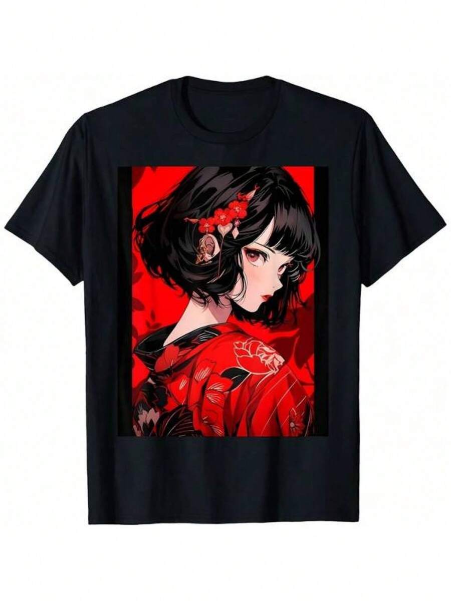 Camiseta con diseño de flor de lirio rojo inspirada en anime y manga, reflejando la cultura japonesa - Negro - Ver 1