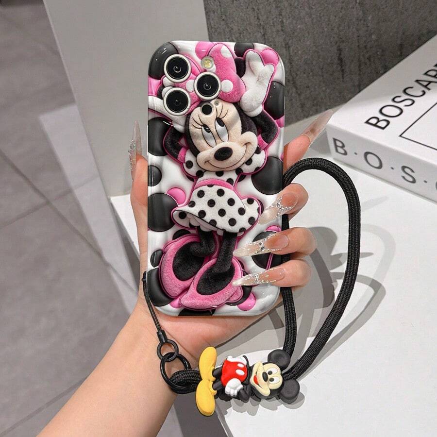 Disney Mickey Mouse Clubhouse Phone Case : 3D Fluffy Pattern Border Protector Phone Soft Phone Case With A Free Cute Mickey Bracelet Chain Lanyard, Mickey, Minnie, Goofy, Donald Duck, Daisy Duck, Pluto, For Apple 17 Promax 17 Pro 16 15 14 13 12 11 Pro Max XS Max X XR Soft Cover Summer Phone Case - 白色 - 查看 1
