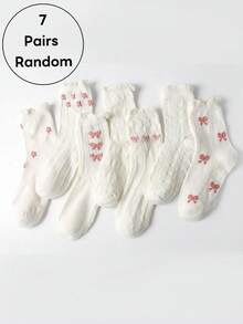1/7 Pairs Random White & Pink Bow Floral Lace Trim Mid-Calf Socks, Sweet Japanese Style Pure Cotton Breathable Socks For Spring/Summer, Versatile For Daily Wear & Commute - White - View 11