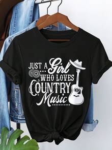 Camiseta de Música Country para Mujer - "Solo una que Ama la Música Country" Cuello Redondo Manga Corta con Diseño Floral y Guitarra, Verde Oliva Casual para Primavera y Verano, Estilo Rústico, Tejido Cómodo, Camiseta Temática Musical - Negro - Ver 12