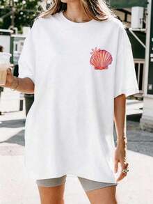 Women's Plus Size "Salty Soul" Print Short-Sleeved T-Shirt In Pink, Stretchy, Casual, Summer, White And . - White - View 3