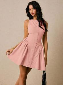 Vestido mini sin mangas con diseño de botones y volantes en el bajo, de unicolor para mujer - Rosa - Ver 4
