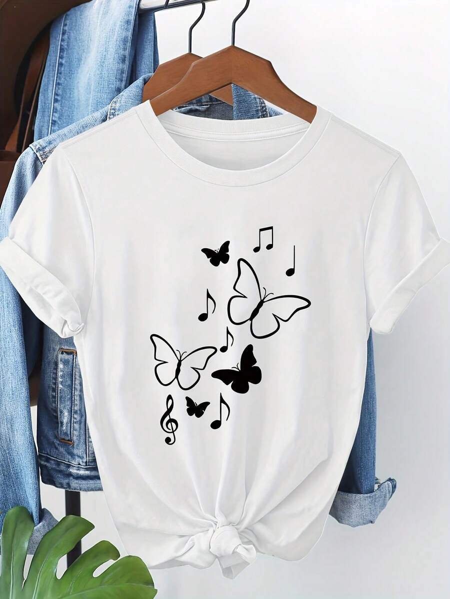Camiseta de manga corta con estampado de notas de mariposas 4671