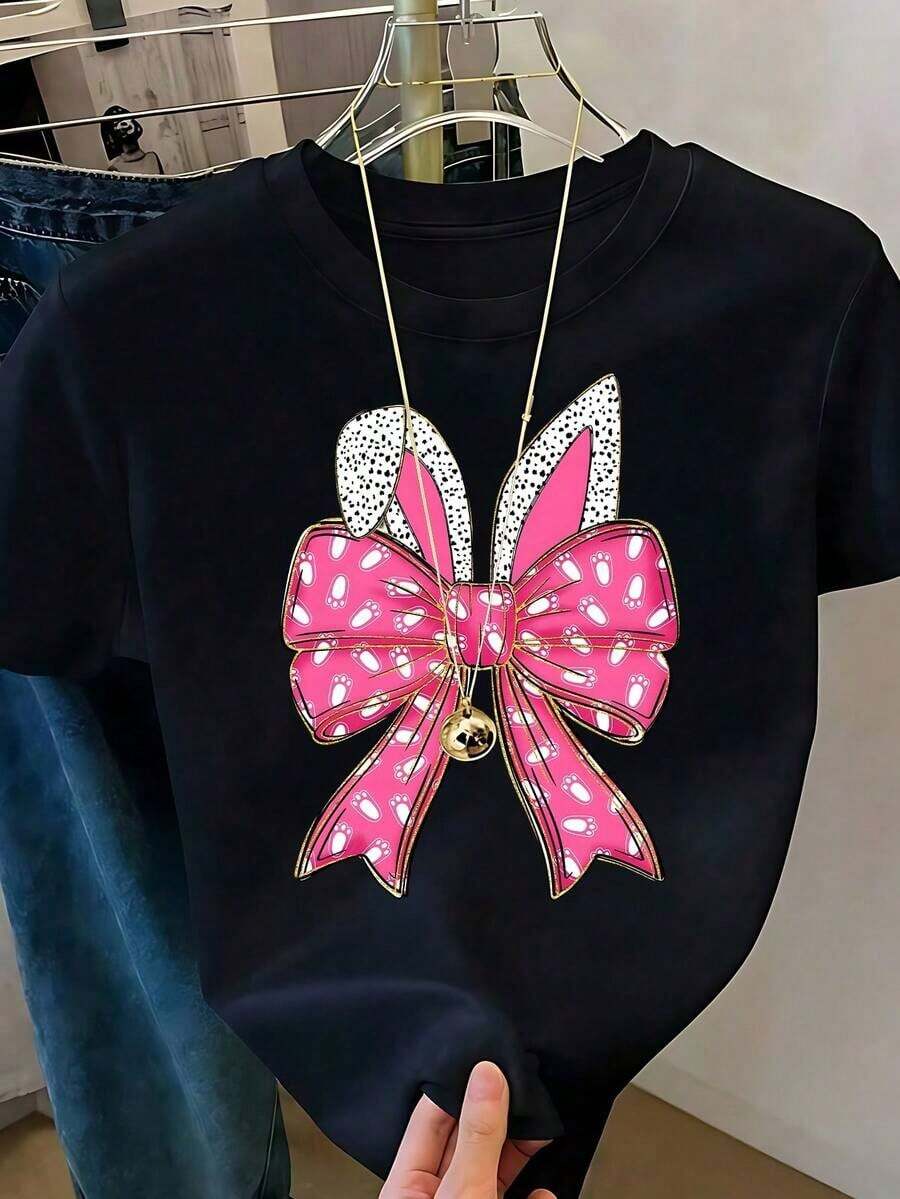 Women's White T-Shirt With Bunny Ears And Paws In Leopard Print, Animal Print Camisole, Casual Summer Blouse With Cute Bunny Design, Stylish And Fun Top For Everyday Wear Or As A Gift. Women's T-Shirt. Blouses > Elegant. Boho Chic, Round Neck Printed T-Shirt With Cartoon Design. - .... - 查看 1