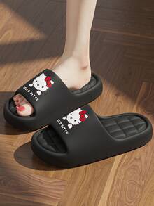 MAOLI Hello Kitty Bow & Cat Pattern Women's Slippers, New Summer Bathroom Slippers, Fashion Versatile, Cat Claw Design Cat Face Sandals, Soft Comfortable Checkered Insole, Couples Slippers Available In Multiple Colors - Black - View 4