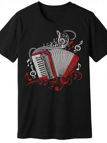 Men's T-Shirt With Accordion Musician Print | Black T-Shirt With Italian Accordion And Musical Note Design, Soft, Breathable, Machine Washable, For Musicians, Concerts, Festivals - Eye-Catching Print, Durable Material, Short Sleeve, Casual Wear, Loose And Comfortable For Summer. - White - View 7