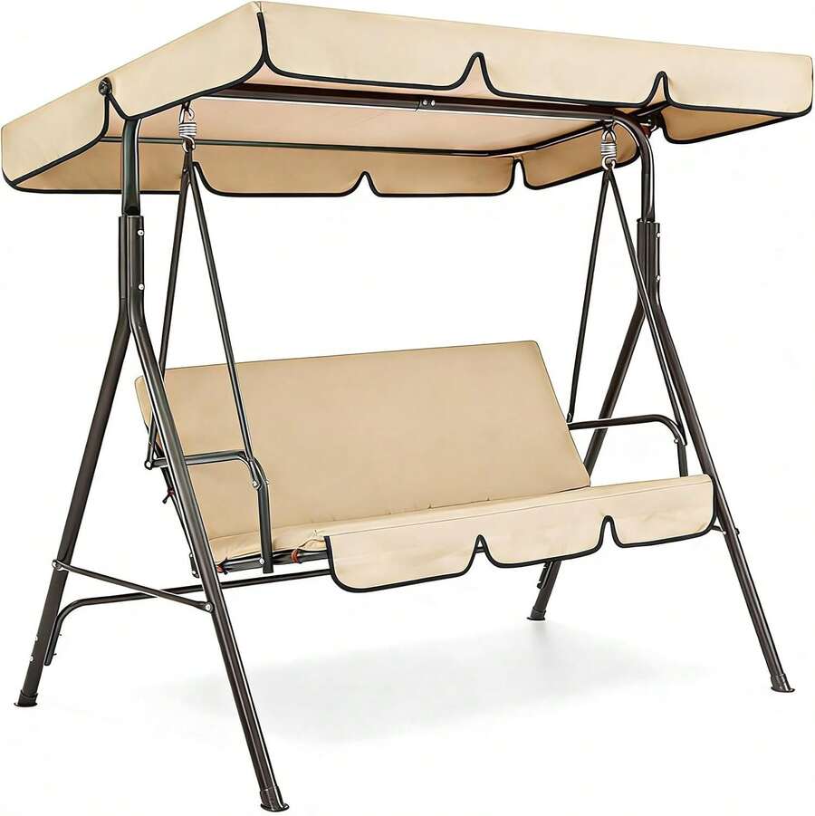 Durable Outdoor Glider Swing With Canopy,Patio Garden Bench And Stand For Backyard, Porch, Or Lawn, Heavy Duty Adult Seat, Beige - 白色 - 查看 1