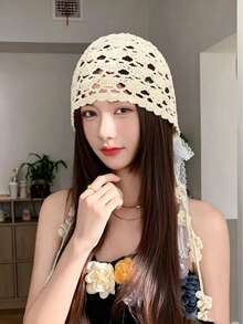 1 chiếc mũ len dệt kim có nơ ren và tua rua, kiểu dáng boho rỗng ruột, làm thủ công, phụ kiện đội đầu. - Nhiều màu - Xem 13