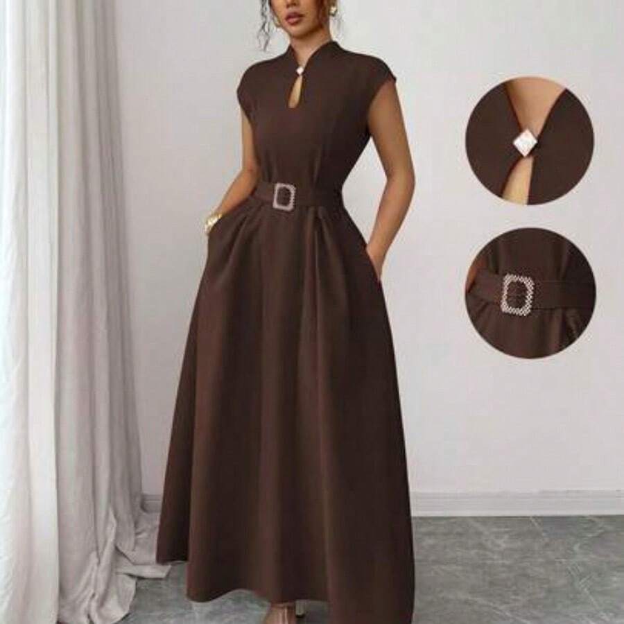 Elenzya Women's Elegant Casual Midi Dress With Romantic French Sicily Inspired Design, Suitable For Commute, Vacation, Afternoon Tea, Valentine's Day Party, Featuring Sweetheart Neck, Waist Tie Belt, Flared Hem, And Pockets, Spring/Summer - Marrón - Ver 1