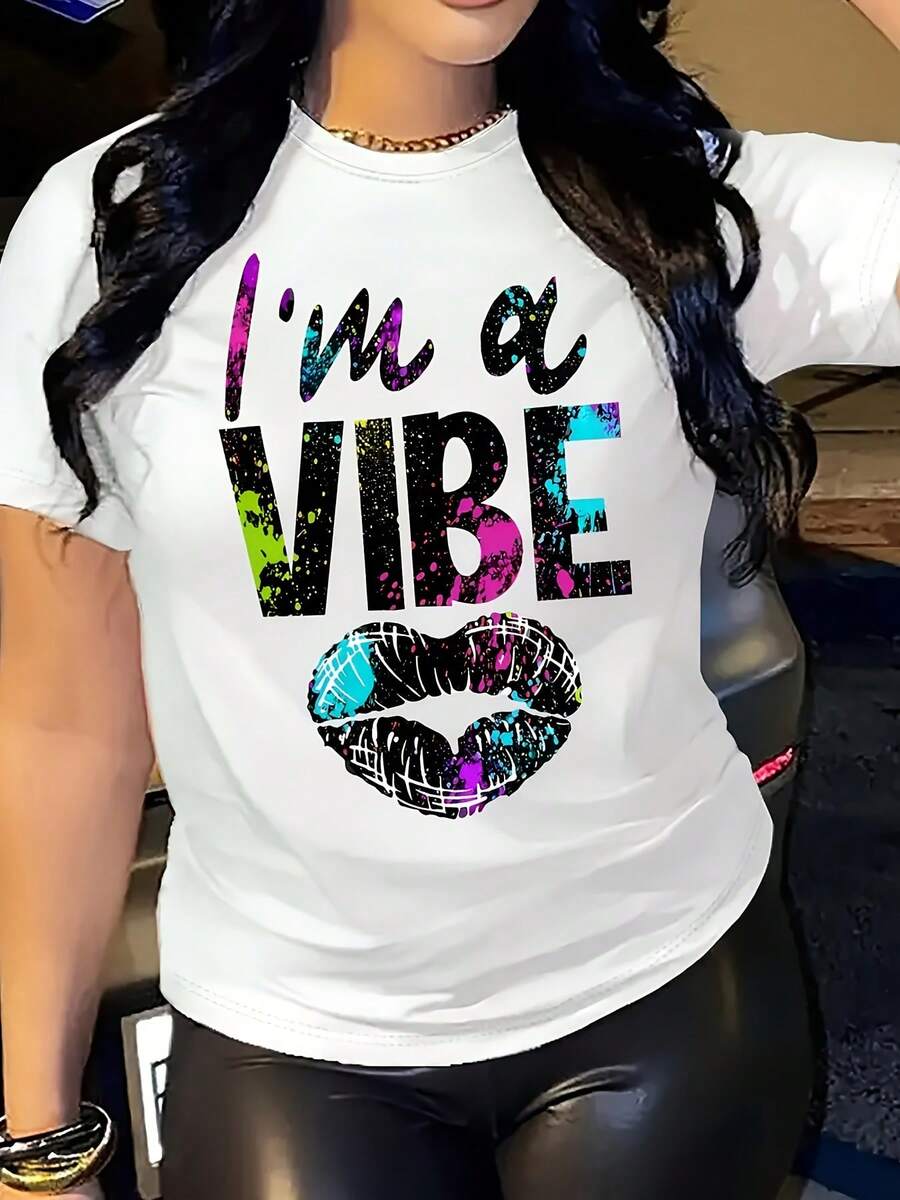 Camiseta Casual de Verano para Mujer es una camiseta con estampado Vibe - una camiseta casual de manga corta y cuello redondo para mujer con un estampado de labios brillantes, cómoda y versátil, adecuada para uso casual y a la moda, ropa de otoño. | Camiseta casual de moda | Camiseta de moda elegante y cómoda - Blanco - Ver 1