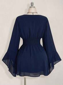 Vestido corto elegante de manga larga con cuello en V y cintura ceñida de unicolor para mujer - Azul marino - Ver 3