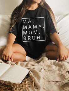 Camiseta casual para el Día de la Madre, camiseta de manga corta con cuello redondo y estampado de letras para mujer. - Negro - Ver 7