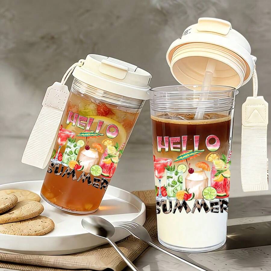 1個/5個 500ml「Hello Summer」主題塑膠杯，附吸管、掛繩與防漏蓋，透明冰咖啡杯，印有清新熱帶飲料與水果圖案，適合夏季日常使用，是海灘愛好者與女孩的絕佳禮物 - 多色-飲品summer - 查看 1