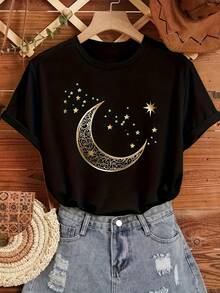 Women's Short-Sleeved Cotton T-Shirt With Moon Print And Round Neck, Casual Short-Sleeved Top For Spring And Summer, Women's Clothing. - 黑色 - 查看 6