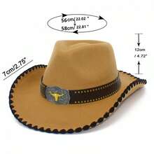 Contrast Trim Cowgirl Hat Stylish Wide Brim Western Hat With Bull Head Belt Casual Felt Jazz Caps For Women Men - Red - View 7