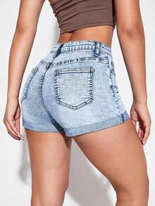 Shorts vaqueros casuales con bolsillos y puños para mujer - Lavado ligero 2 - Ver 2
