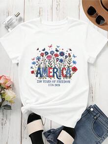 100% Cotton Independence Day Celebration T-Shirt Commemorating The 250th Anniversary Of Freedom In America (1776 - 2026), With Patriotic Floral Design For Ladies, White Shirt - 白色 - 查看 3