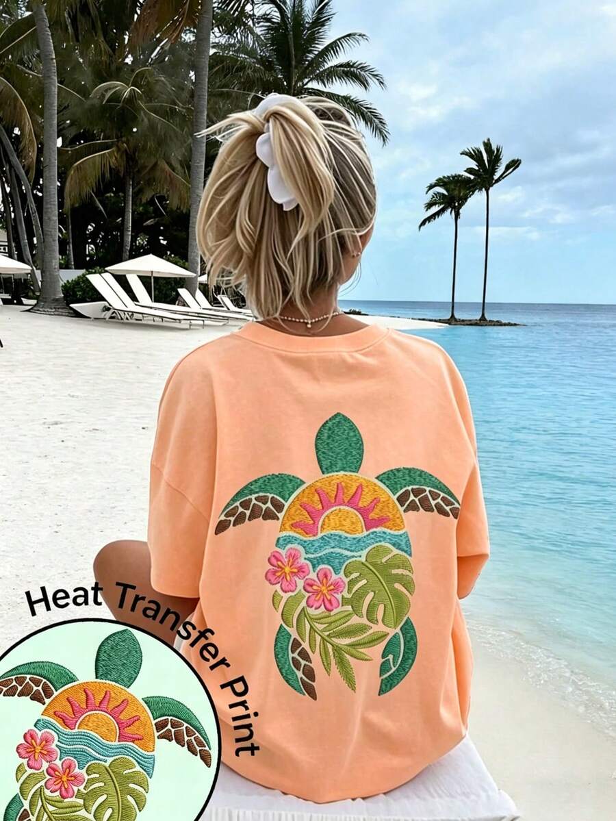 1 chiếc áo thun ngắn tay in hình rùa biển cho bé gái tuổi teen, trang phục học sinh, áo mùa hè cho bé gái sẵn sàng vui chơi. - trái cam - Xem 1