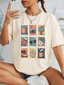 Nueva camiseta de manga corta con cuello redondo para mujeres, diseño estival, con un sencillo y moderno estampado de letras, transpirable y absorbe la sudoración. Envío exprés desde almacén local, modelo para parejas, ropa de pareja-Lightweight Soft Fabric - Caqui - Ver 11