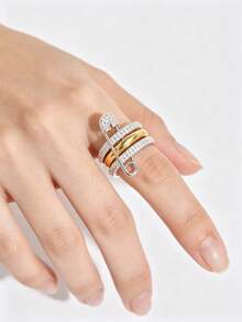 1pc Luxury 3-Layer Rhinestone Brooch Ring, 24K Gold Plated Copper Zirconia Multi-Circle Ring, Dual-Tone Stackable Design Women's Finger Ring, Versatile For Party And Daily Wear - Pin Style - View 11