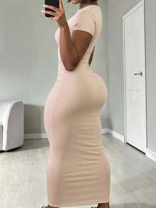 Vestido de mujer de manga corta ajustado de unicolor para uso diario en verano - Albaricoque - Ver 1