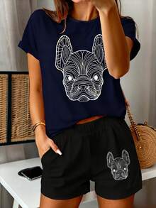 Conjunto de pantalones cortos de manga corta con cuello redondo y estampado de perros para mujer, informal, de verano, de poliéster y elastano, deportivo, negro y castaño - azul marino negro - Ver 5