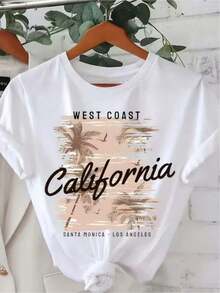 Camiseta Casual de Talla Grande para Mujer, Top Deportivo de Manga Corta con Estampado de Palmeras de California Oeste, Ideal para Vacaciones - A-001 - Ver 7