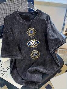 Camiseta vintage de moda para mujer, elegante y exquisita, de algodón 100% puro con efecto lavado intenso, de corte holgado y mangas cortas, diseño creativo personalizado con símbolo místico Y2K del ojo turco, estilo casual deportivo americano, ideal para viajes al aire libre, regalo. - Negro - Ver 1
