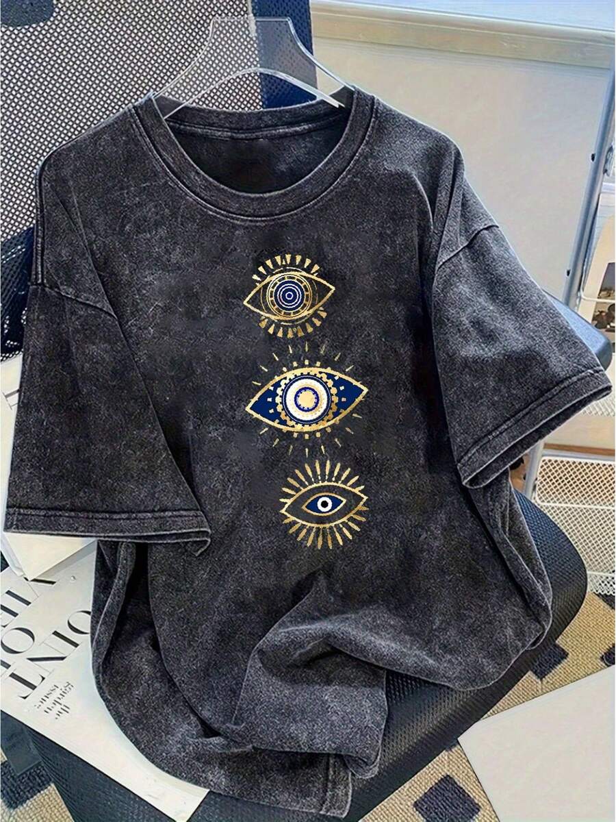 Camiseta vintage de moda para mujer, elegante y exquisita, de algodón 100% puro con efecto lavado intenso, de corte holgado y mangas cortas, diseño creativo personalizado con símbolo místico Y2K del ojo turco, estilo casual deportivo americano, ideal para viajes al aire libre, regalo. - Negro - Ver 1