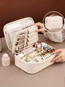 1 túi đựng mỹ phẩm du lịch xách tay, hộp đựng cọ trang điểm cho nữ, túi đựng mỹ phẩm dung tích lớn, túi xách PU chống thấm nước có vách ngăn tháo rời, thích hợp để đựng son môi, đồ trang điểm, chì kẻ mày, bông phấn, nước hoa, lý tưởng cho du lịch, đi biển mùa hè, quà tặng bạn gái, quà sinh nhật, quà tặng ngày lễ. - Nhiều màu - Xem 14