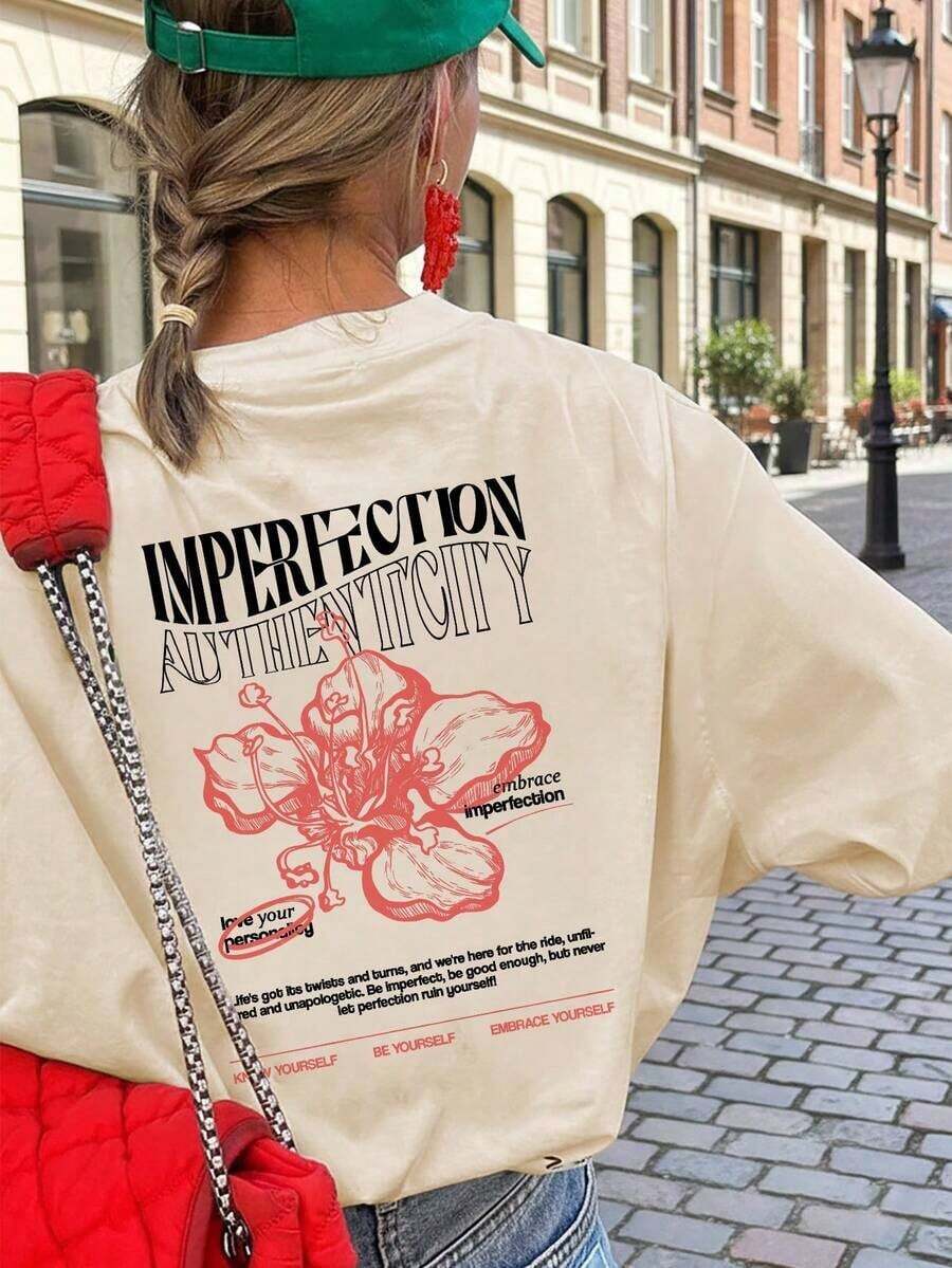 3pcs Camiseta de mujer con estilo retro estadounidense, estampado de hibisco y eslogan Imperfect, corte holgado y silueta favorecedora, estilo artístico y curativo de manga corta, adecuada para la escuela, paseos por la ciudad y salidas casuales de primavera y verano,Soft Fabric, Loose Design, Round Neck, Short Sleeves, Springsummer, Daily Wear - Albaricoque - Ver 1